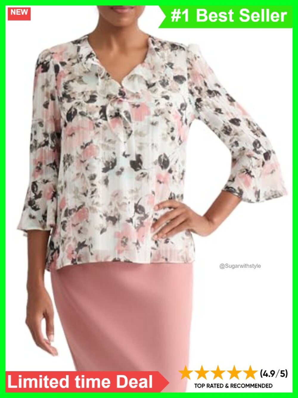 Ruffle Neck Flutter Sleeve Printed Lurex Stripe Blouse Work Top